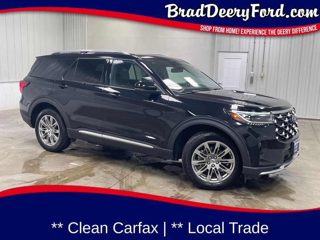 2025 Ford Explorer Platinum in Agate Black Metallic — front three-quarter view
