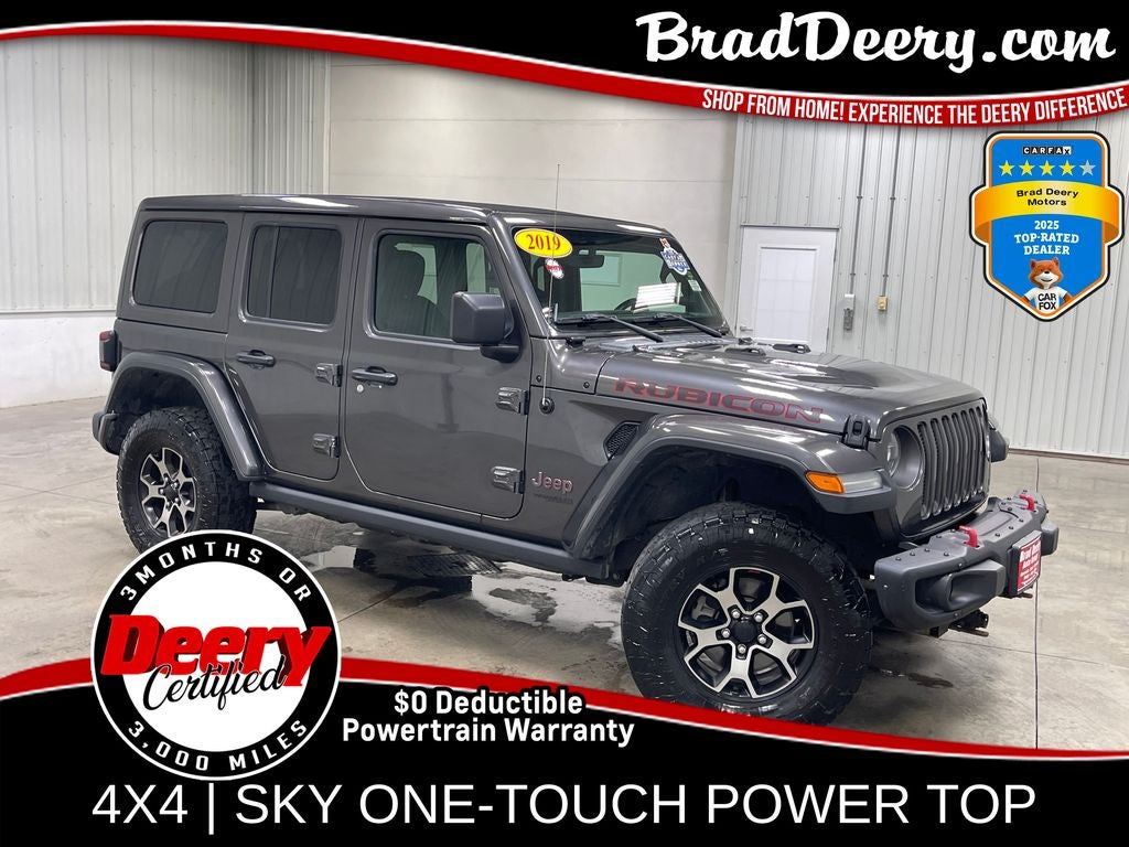 2019 Jeep Wrangler Unlimited Rubicon in Granite Crystal Metallic Clearcoat — front three-quarter view