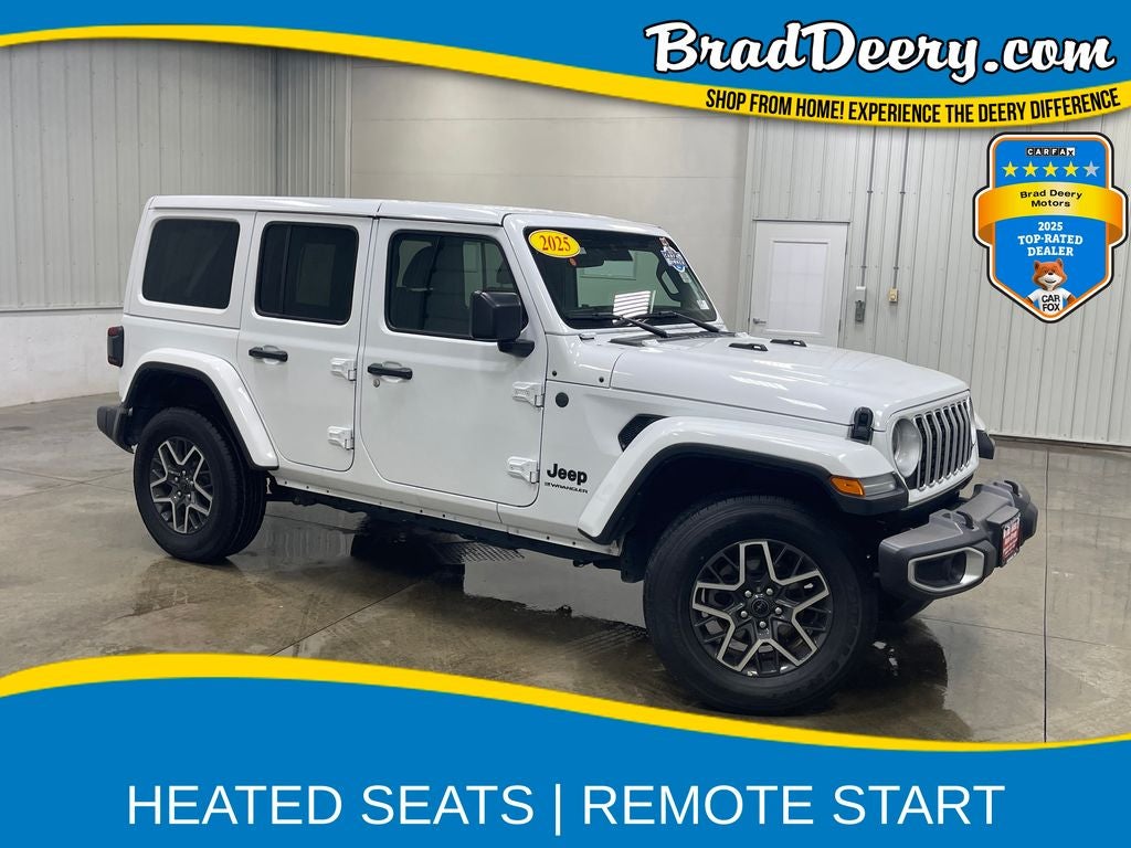 2025 Jeep Wrangler Sahara in Bright White Clearcoat — front three-quarter view