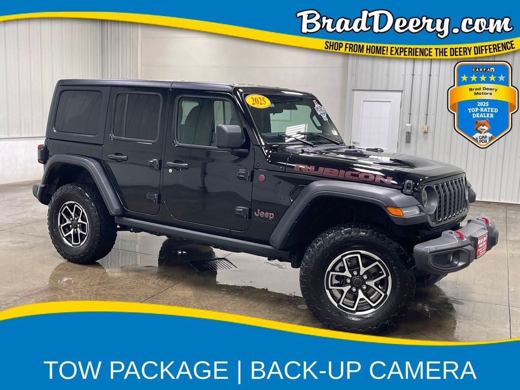2025 Jeep Wrangler Rubicon in Black Clearcoat — front three-quarter view