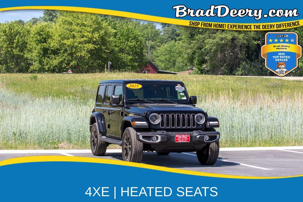 2025 Jeep Wrangler Sahara 4xe in Black Clearcoat — front three-quarter view