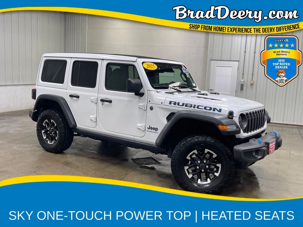 2025 Jeep Wrangler Rubicon 4xe in Bright White Clearcoat — front three-quarter view