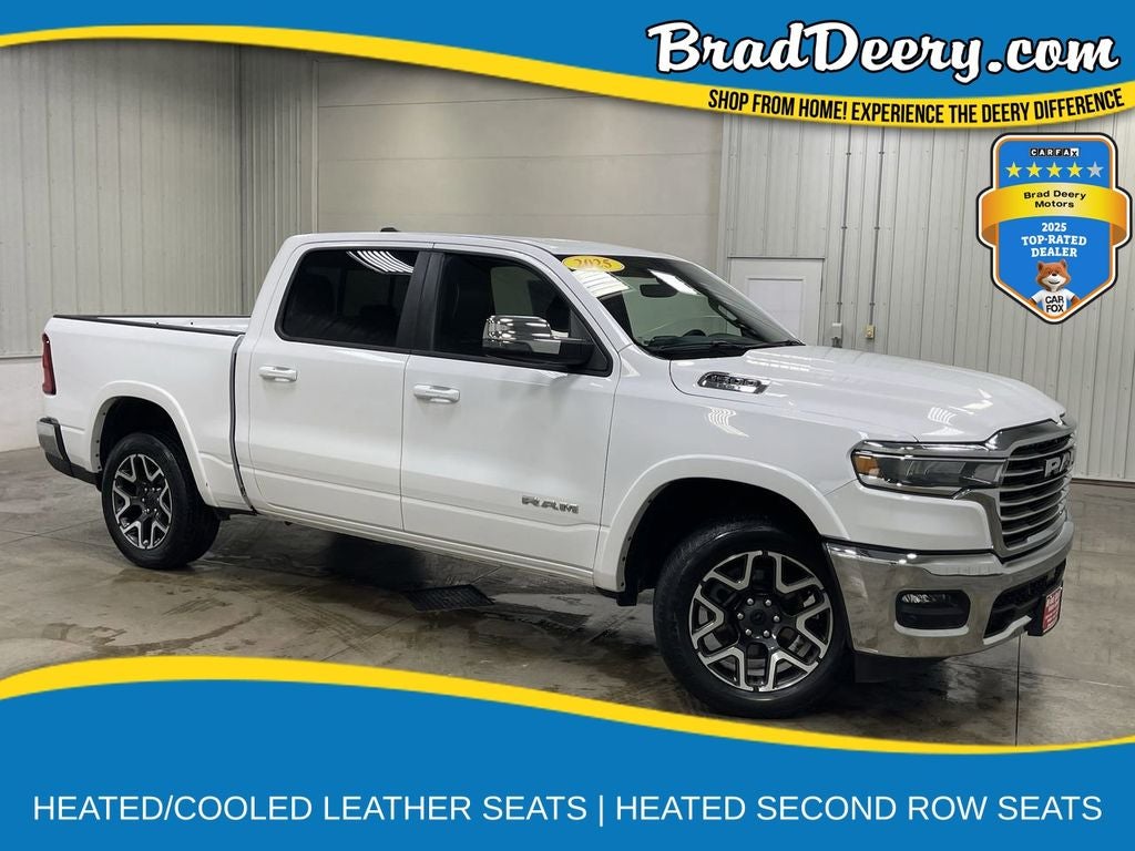 2025 RAM 1500 Laramie in Bright White Clearcoat — front three-quarter view