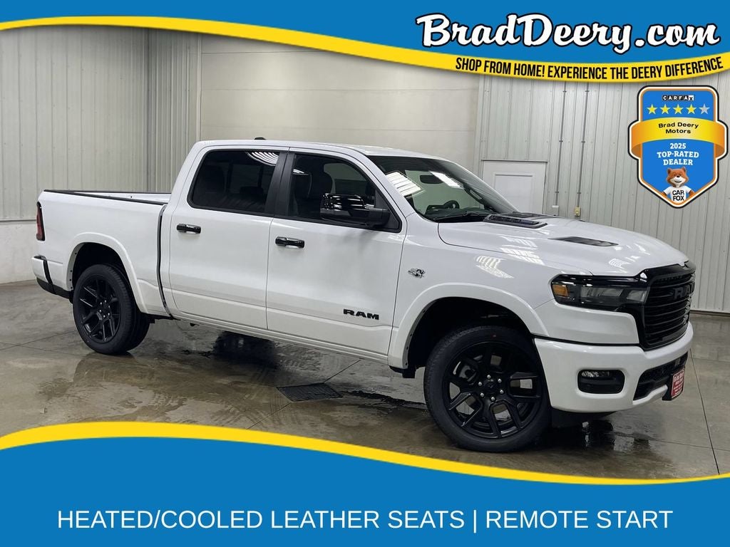 2026 RAM 1500 Laramie in Bright White Clearcoat — front three-quarter view