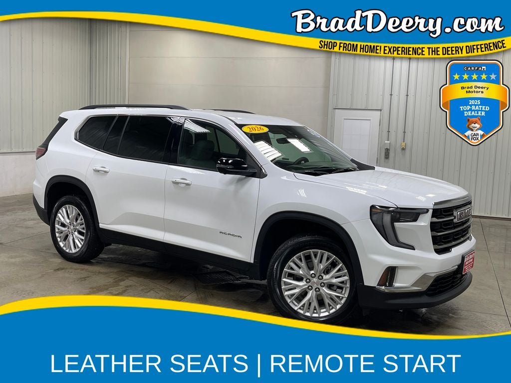 2026 GMC Acadia Elevation in Summit White — front three-quarter view