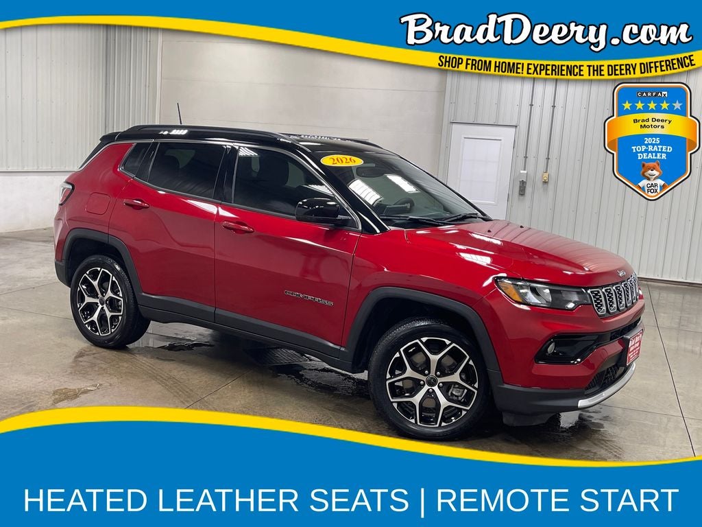 2026 Jeep Compass Limited in Red Hot Pearlcoat — front three-quarter view