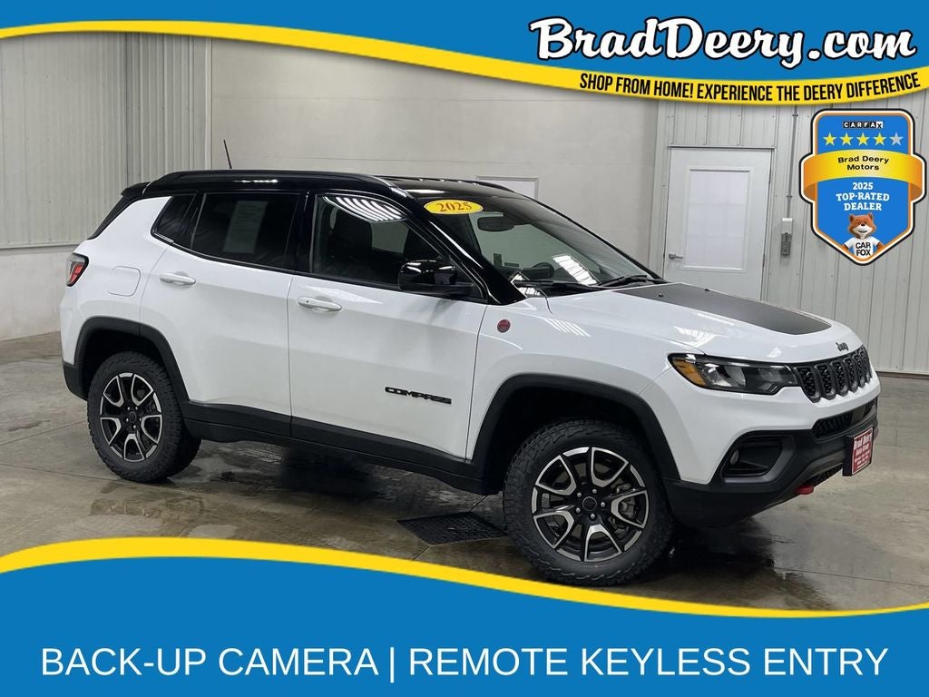 2025 Jeep Compass Trailhawk in Bright White Clearcoat — front three-quarter view