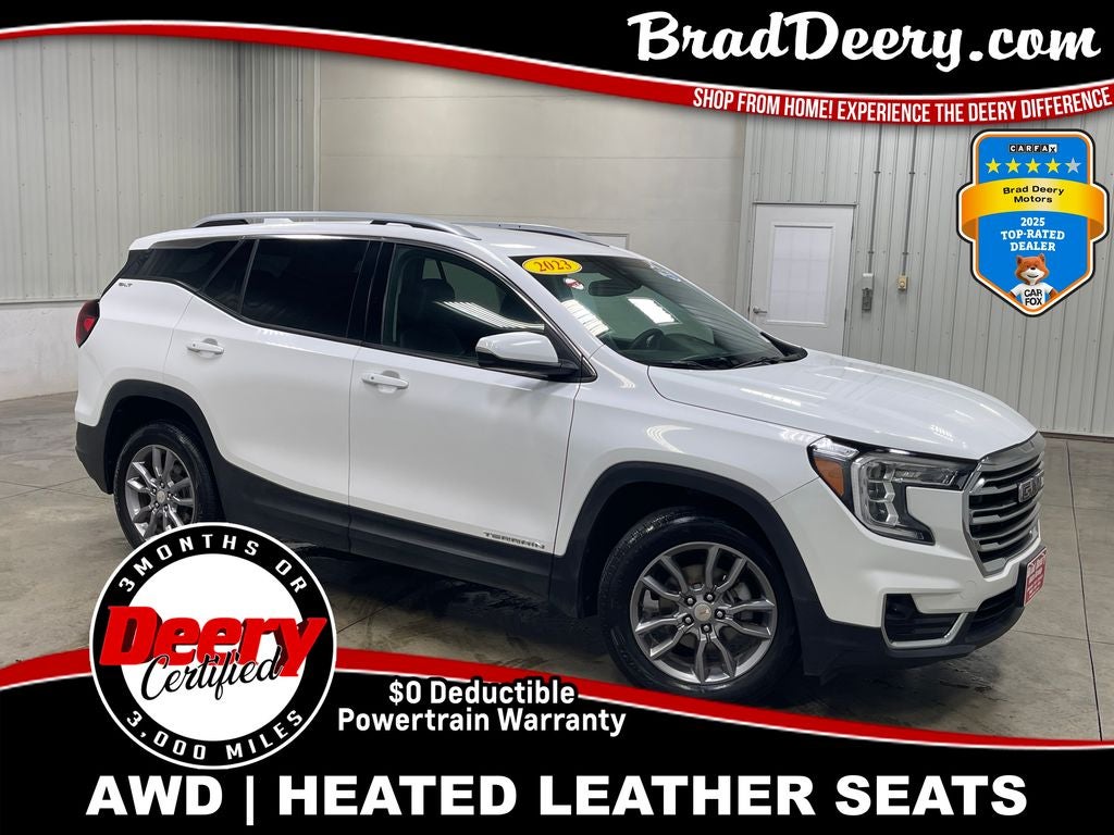 2023 GMC Terrain SLT in Summit White — front three-quarter view
