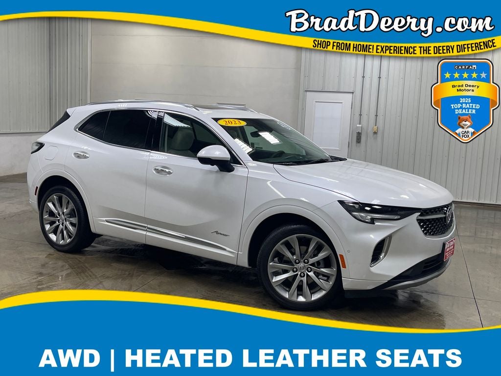 2023 Buick Envision Avenir in White Frost Tricoat — front three-quarter view